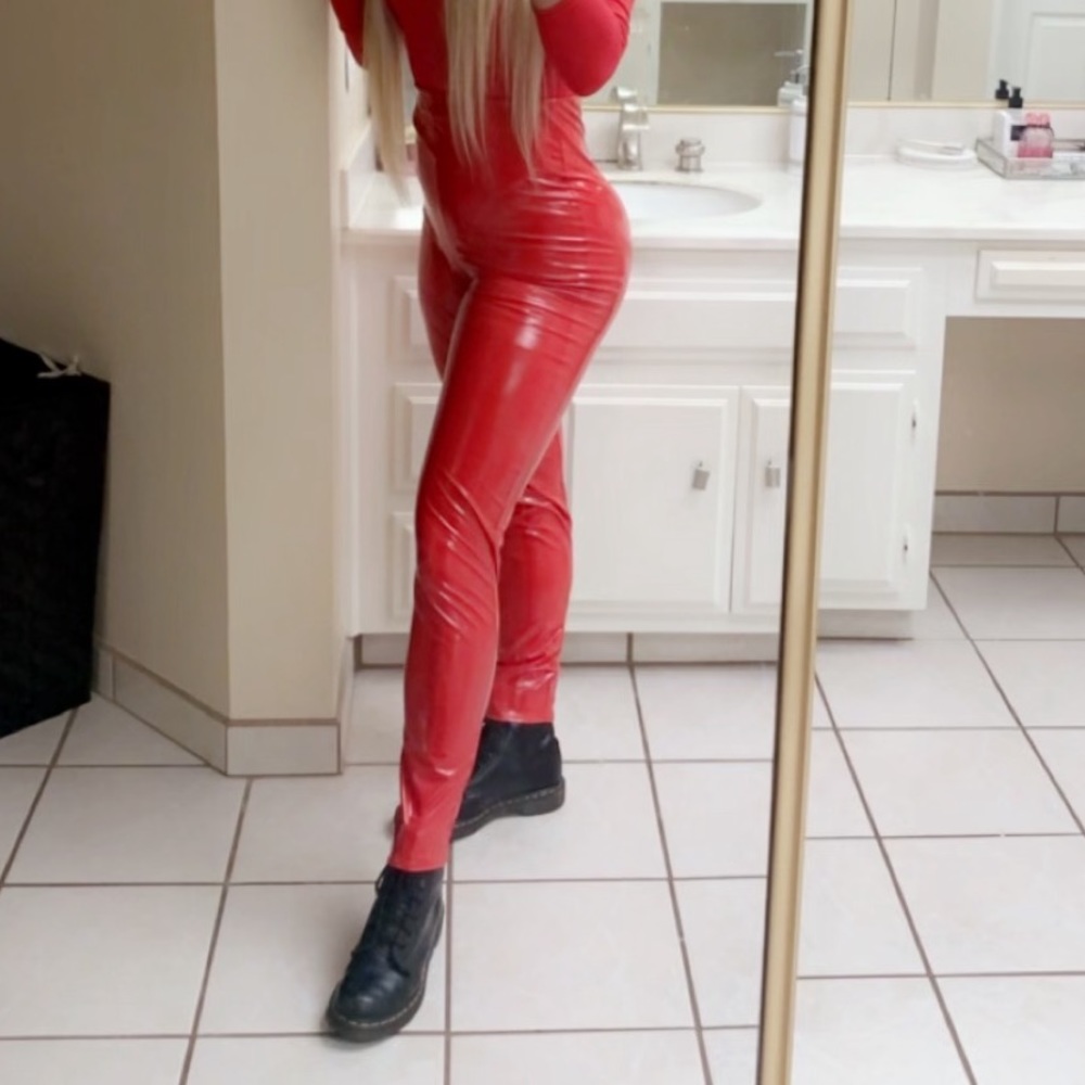 Red vinyl leggings